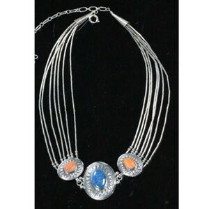 Liquid Silver Multi Strand Necklace with Lapis and Spiny  Coral Side Stones